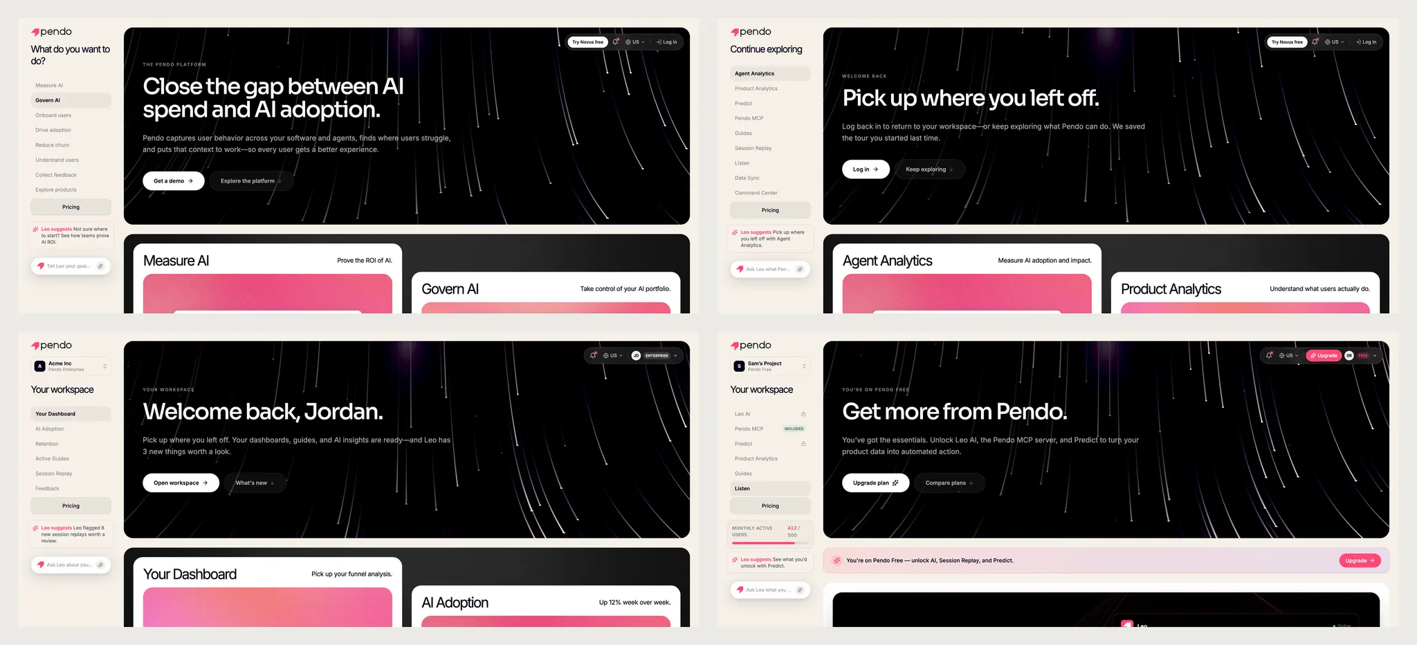 Four versions of the homepage in a two-by-two grid, each greeting a different kind of visitor: a new visitor, a returning visitor, a logged-in user, and a Pendo Free user.