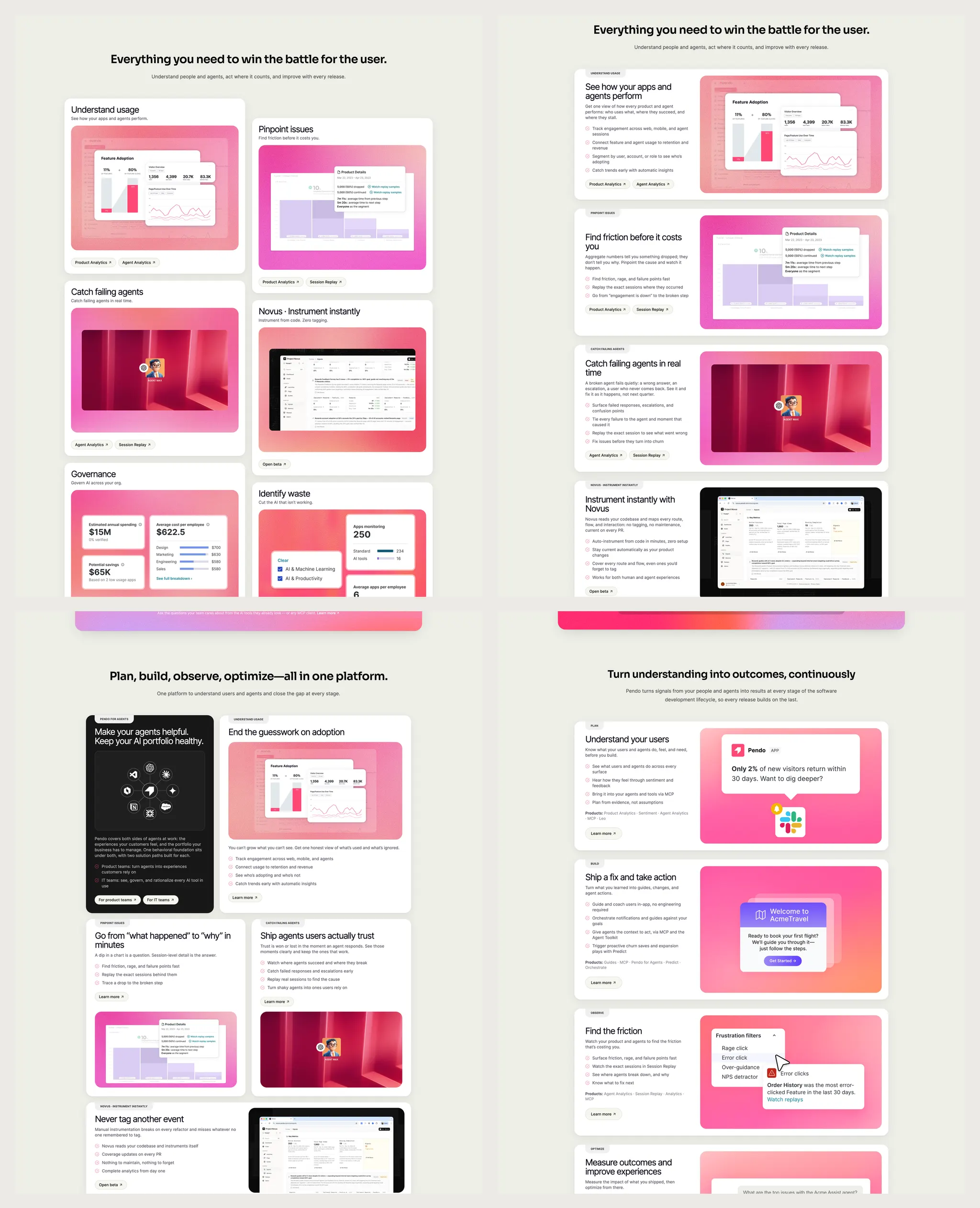 Four versions of the same homepage section in a two-by-two grid. Top left, a staggered grid of six cards under 'Everything you need to win the battle for the user.' Top right, the same heading over full-width rows, one claim per row. Bottom left, an asymmetric bento of tiles under 'Plan, build, observe, optimize, all in one platform.' Bottom right, the shipped version: four rows tagged Plan, Build, Observe, and Optimize under 'Turn understanding into outcomes, continuously.'