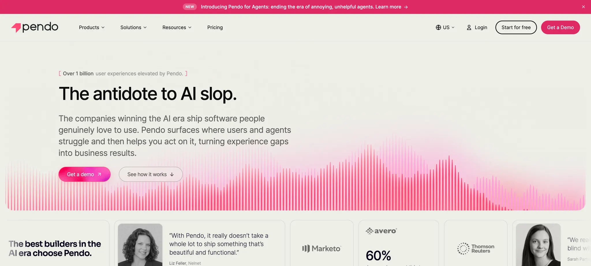The pendo.io homepage hero. The headline "The antidote to AI slop" sits over a pink waveform field, with the customer logo bar below it.