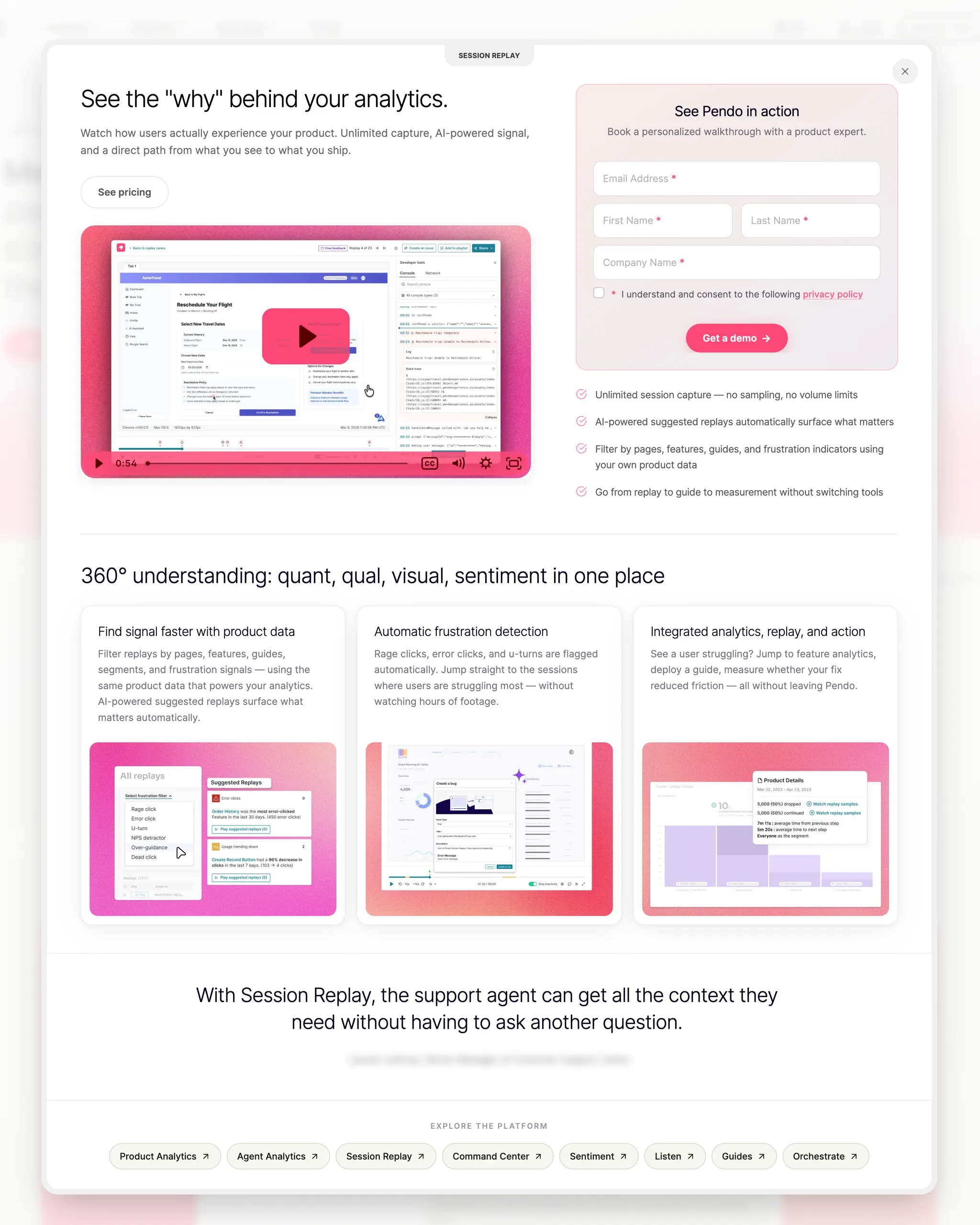 A tall modal open over a dimmed homepage. On the left, the headline 'See the why behind your analytics' above a product video. On the right, a demo form headed 'See Pendo in action'. Below them, three cards explaining the use case, a customer quote, and a row of links to the rest of the platform.