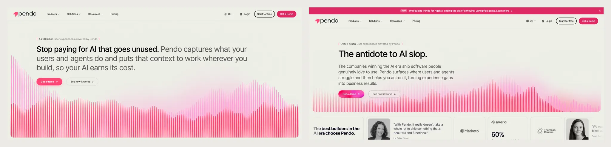 Two versions of the homepage hero side by side. Both show a wide pink waveform behind the headline; the left is the July preview build and the right is the shipped page.