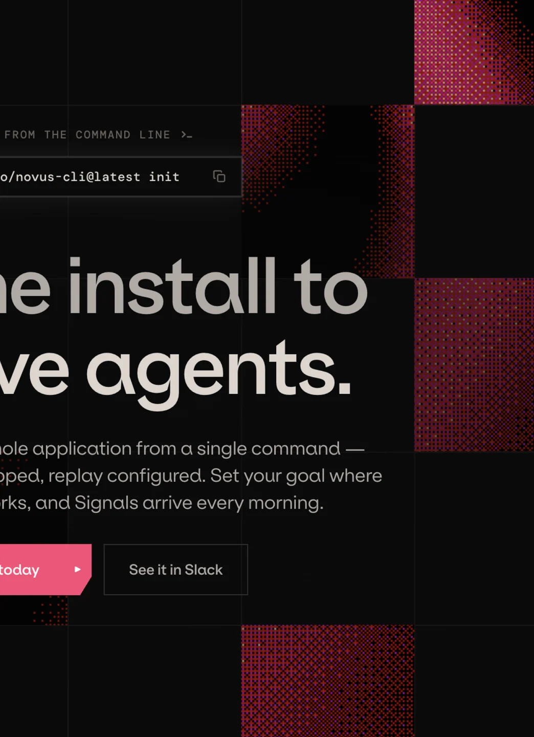 The live novus.ai hero with its dither squares in the brand grid