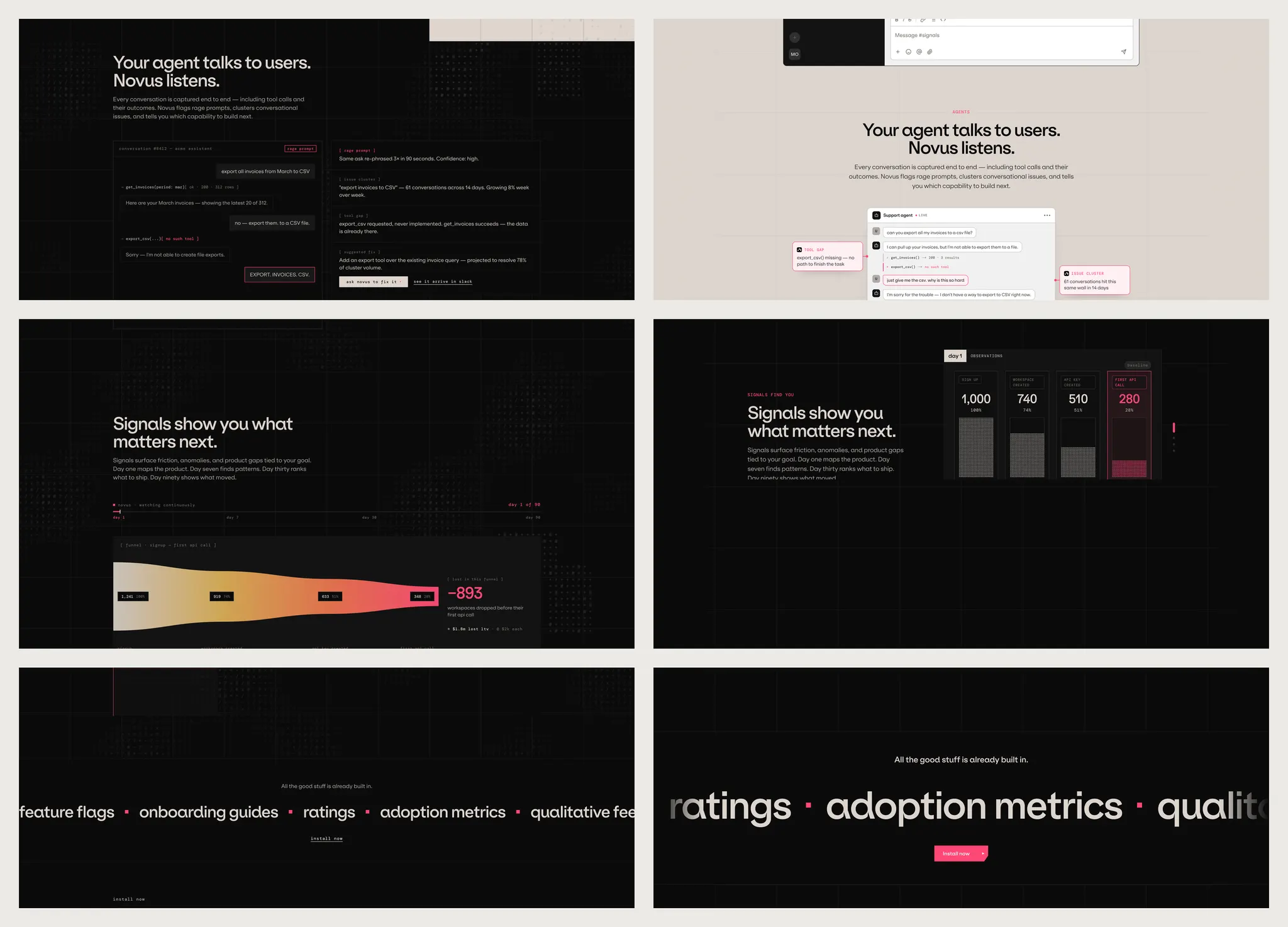 Six frames in two columns, the concept on the left and the live page on the right, at three matching sections. Top, 'Your agent talks to users. Novus listens.': the concept sets it dark with a split conversation log, the live page sets it light with a centred chat mockup. Middle, 'Signals show you what matters next.': a gradient funnel in the concept, a bar chart in the live page. Bottom, the closing marquee of feature names, small and in a row in the concept, large and filling the frame in the live page.