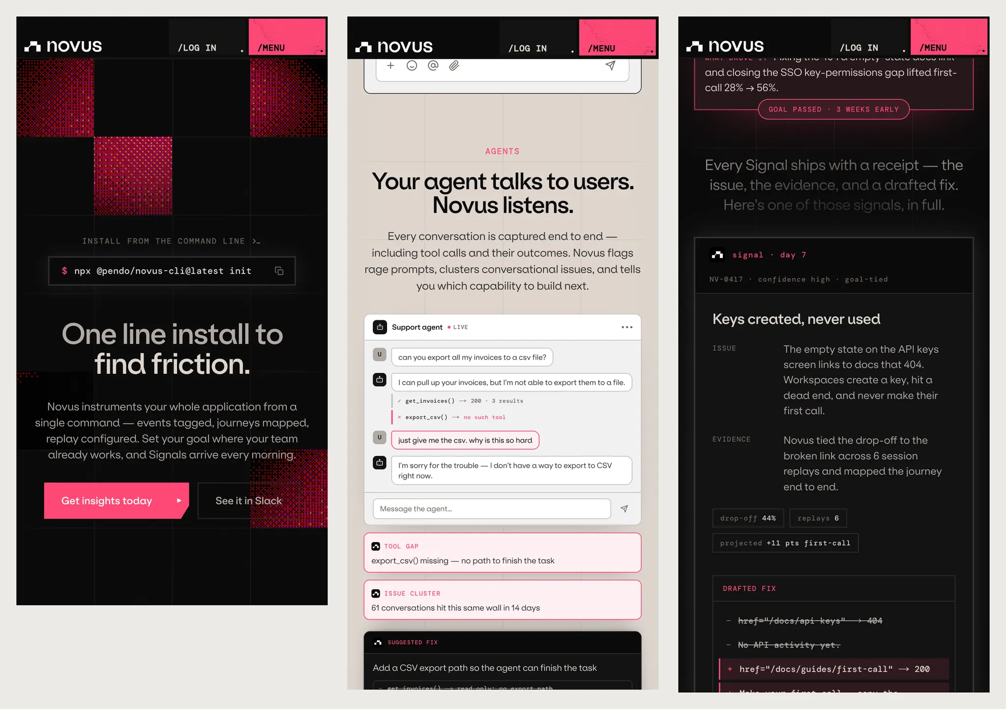 Three phone-width screenshots of novus.ai. Left, a dark hero of red dither squares over the install command and the line 'One line install to find friction'. Middle, on cream, 'Your agent talks to users. Novus listens' above a chat transcript with flagged gaps below it. Right, a dark signal receipt headed 'Keys created, never used', listing the issue, the evidence, and a drafted fix.