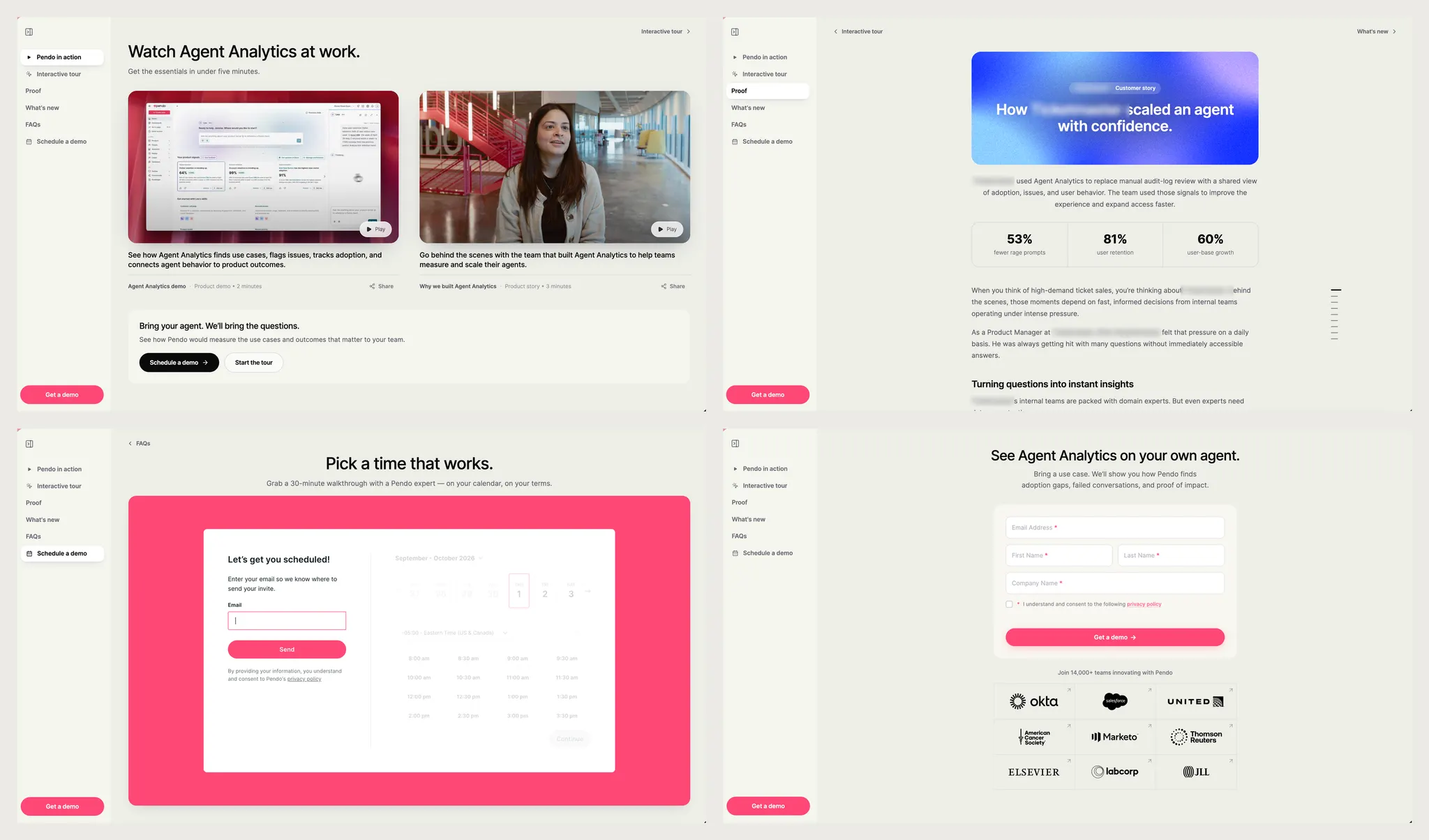 Four views of the same slide-out drawer, each with a list of sections down the left and a reading column beside it. Top left, two video cards under 'Watch Agent Analytics at work'. Top right, a customer story on a blue gradient card above three statistics. Bottom left, a scheduler headed 'Pick a time that works'. Bottom right, a demo form above a grid of customer logos.
