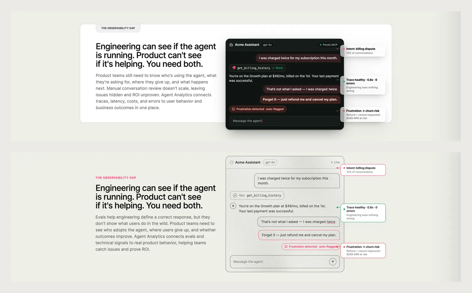 The same page section twice, stacked. Both read 'The observability gap' over the heading 'Engineering can see if the agent is running. Product can't see if it's helping. You need both.' In the top version a dark chat window sits on a white bordered card, showing a billing dispute conversation with annotation chips for intent, trace health, and churn risk. In the bottom version the same conversation is drawn as white line art on the page background, the chips outlined and frosted rather than filled.