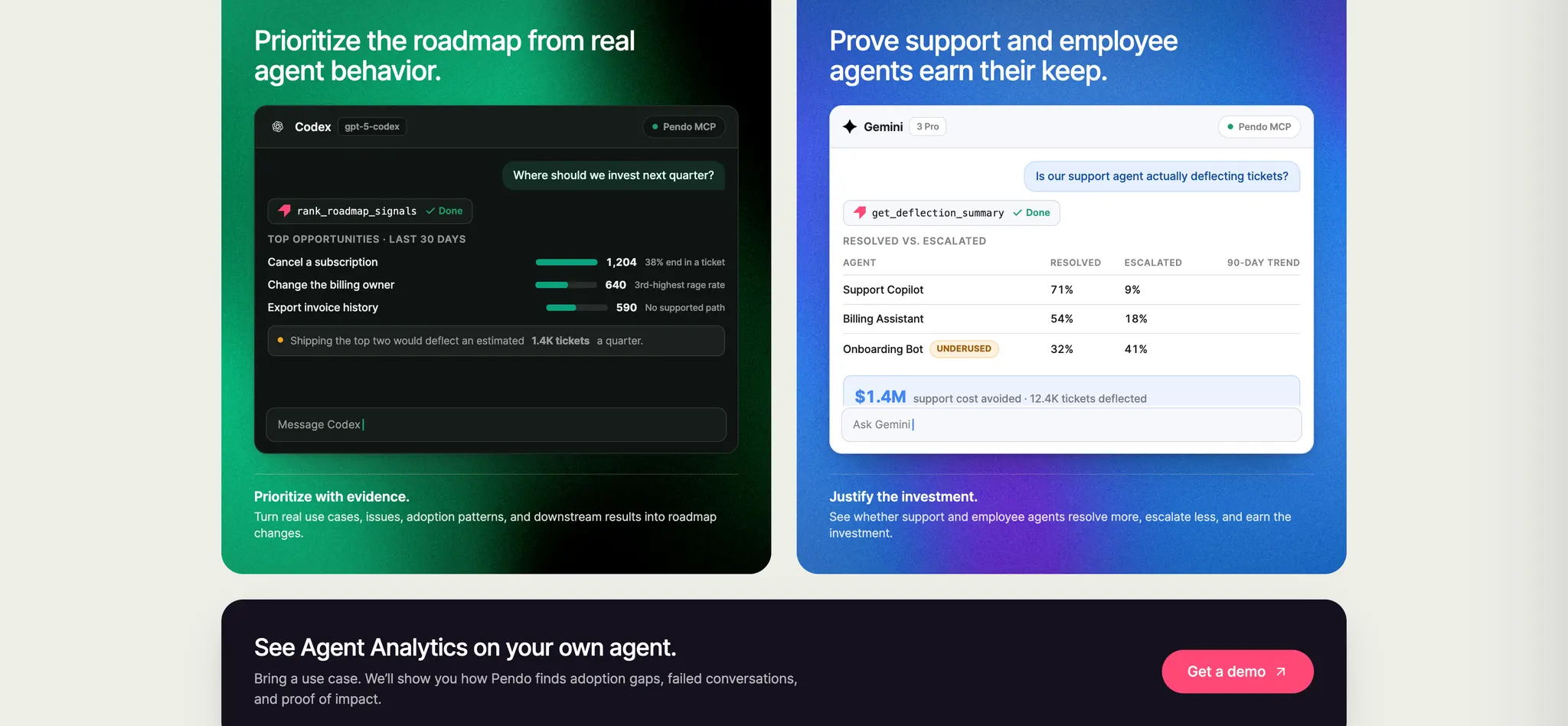 Two portrait cards side by side, headed 'Prioritize the roadmap from real agent behavior' and 'Prove support and employee agents earn their keep'. The first sits on a green field and the second on a blue one, and the colour appears to continue across the gap between the cards.