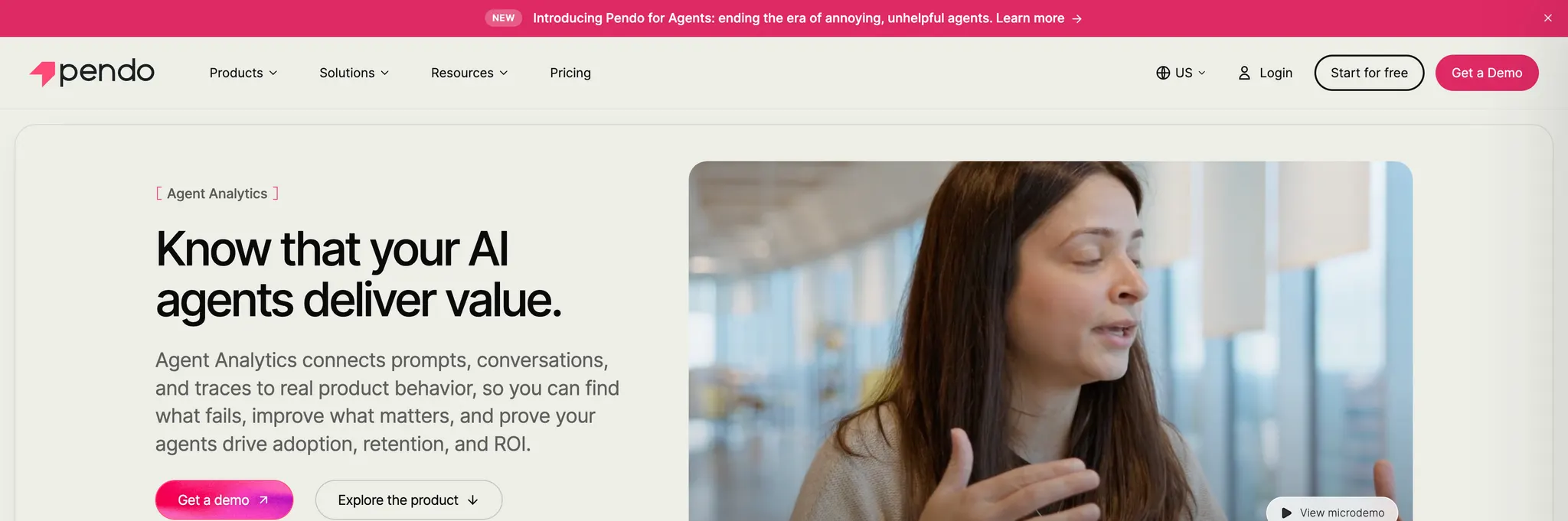 The Agent Analytics page hero. An "Agent Analytics" folder tab is attached to the top edge of the page frame, beside the headline "Know that your AI agents deliver value" and a photograph of a person mid-conversation.