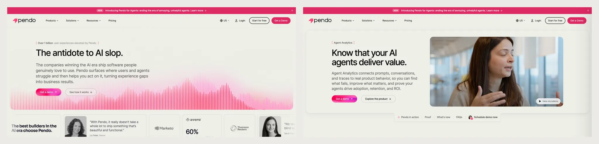 The pendo.io homepage hero beside the Agent Analytics hero. Both use the same cream background, type scale, and pink call-to-action button; the product page adds a folder tab at the top of the frame.