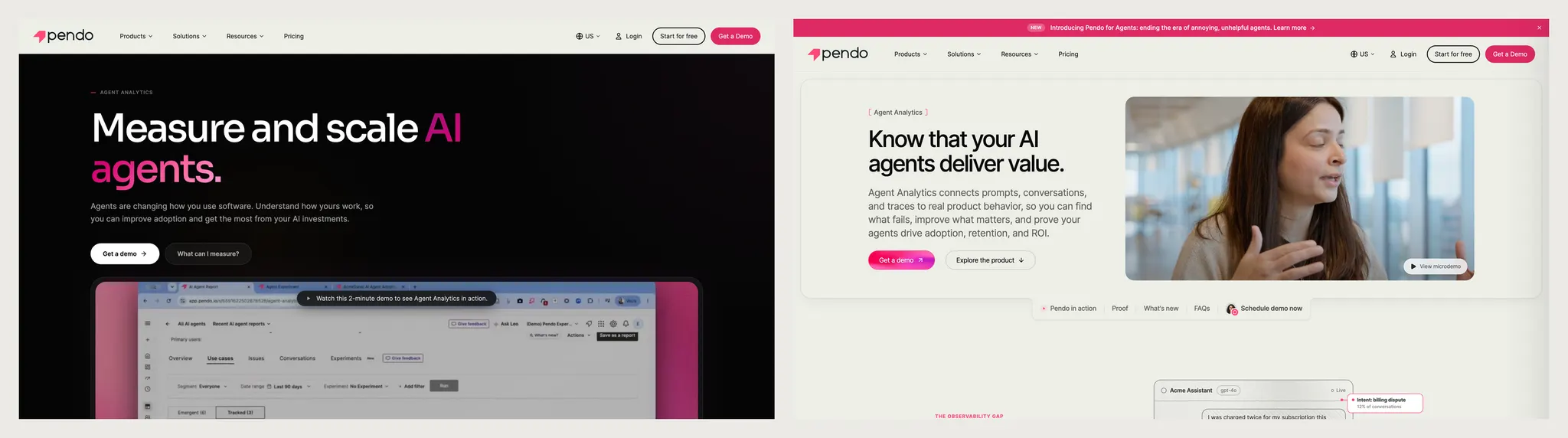 Two versions of the Agent Analytics page side by side. On the left, the old dark page headed 'Measure and scale AI agents' with a product dashboard in pink. On the right, the shipped cream page headed 'Know that your AI agents deliver value' with a photograph.