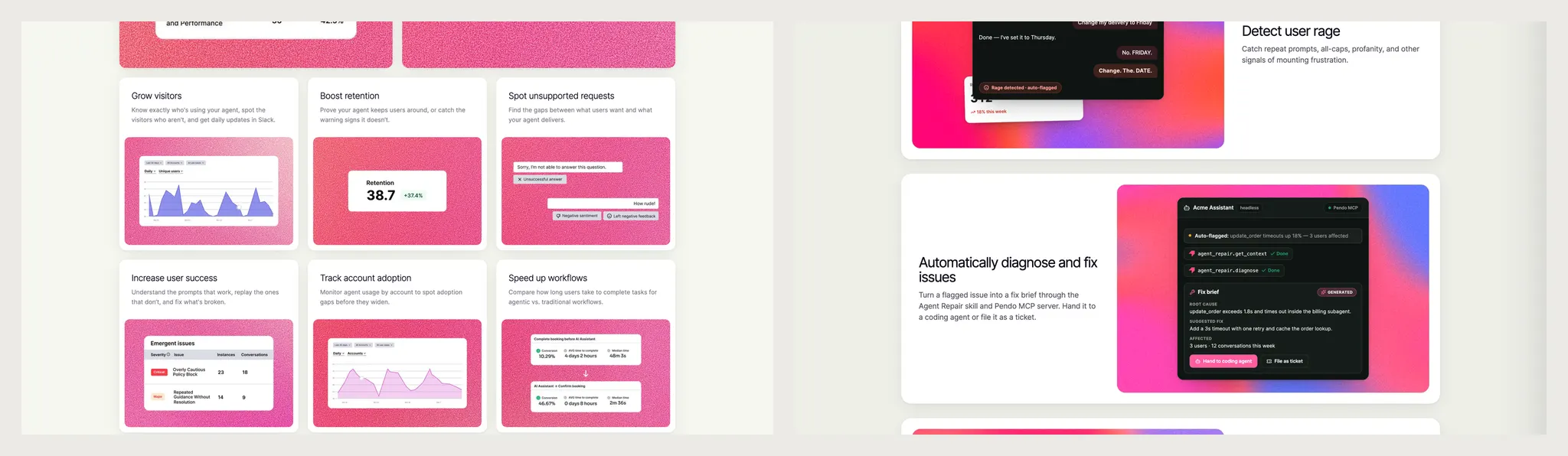 Two versions of the same section. On the left, a six-card grid of product screenshots on pink grain backgrounds. On the right, wide alternating panels, each pairing a WebGL colour field with one piece of product UI, headed 'Detect user rage' and 'Automatically diagnose and fix issues'.