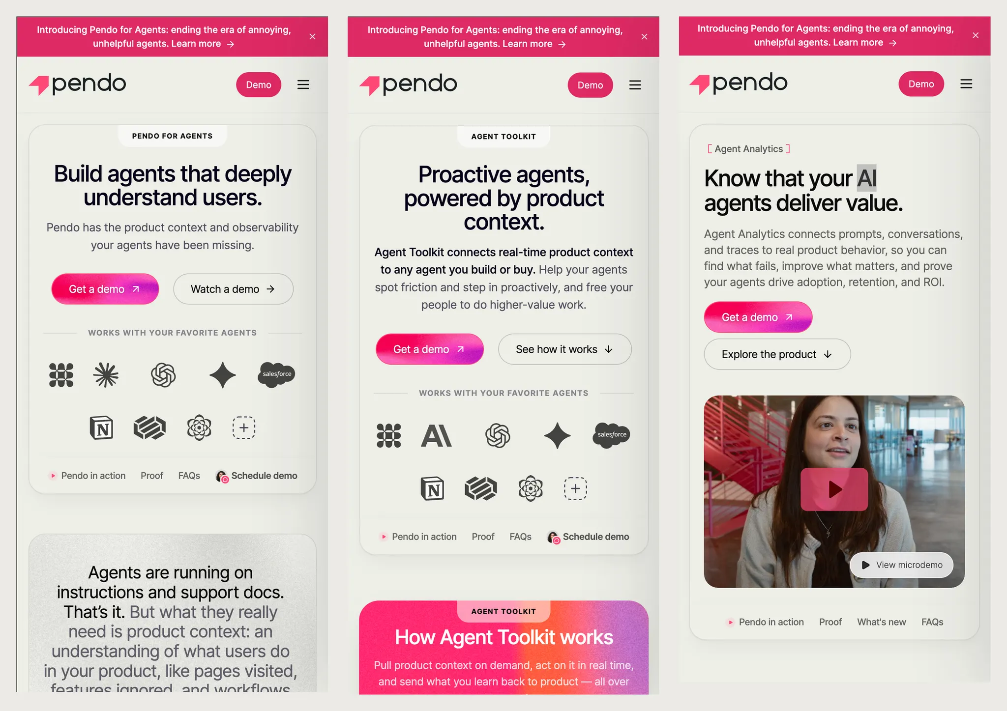 Three phone-width screenshots side by side, each with the Pendo header and a row of drawer links at the foot of the hero. Left, the hub headed 'Build agents that deeply understand users'. Middle, 'Proactive agents, powered by product context'. Right, 'Know that your AI agents deliver value' above a video thumbnail.