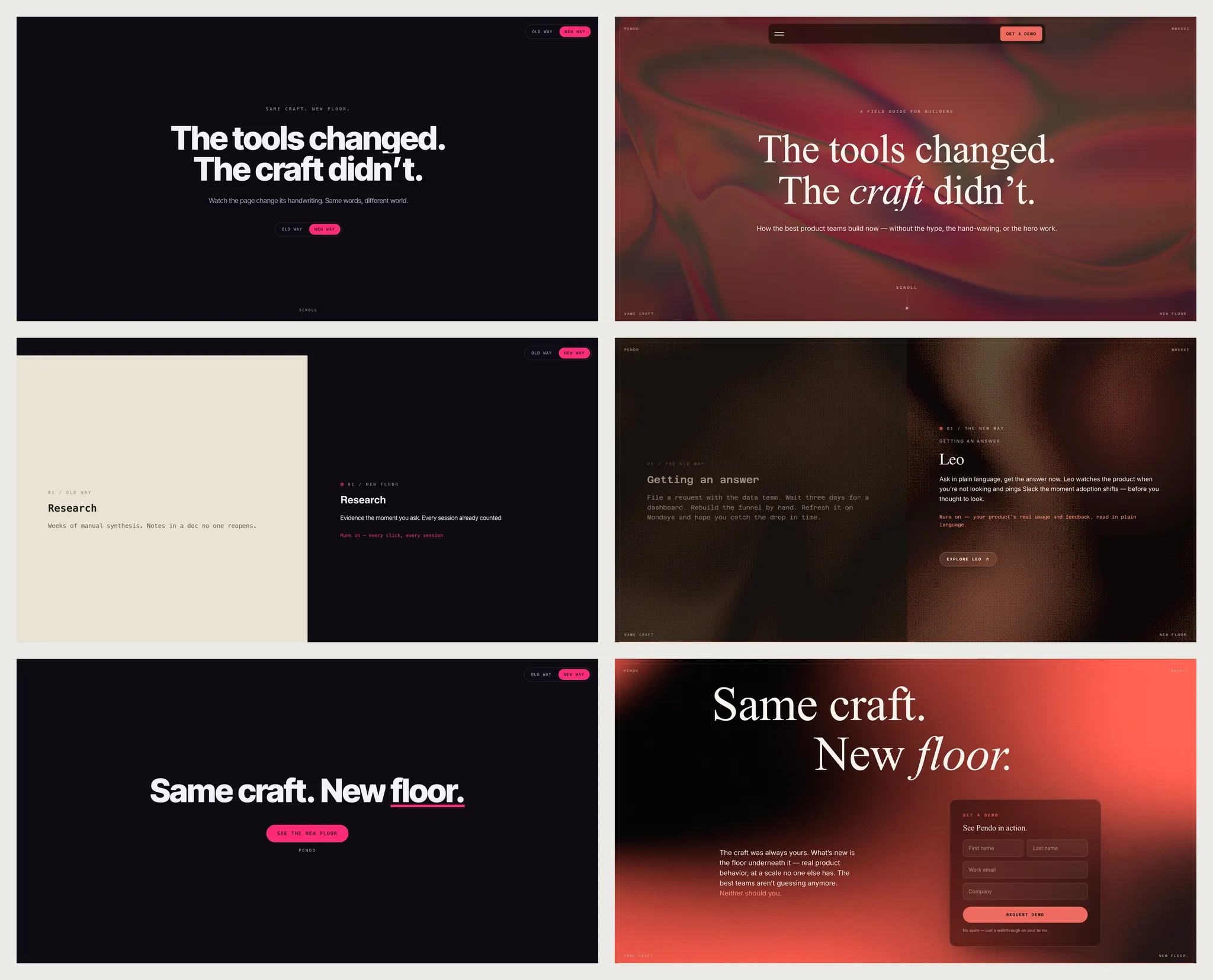 Six frames in two columns. The left column is Claude's prototype: a near-black page with bold grotesque headlines, a pink accent, and an old way / new way toggle in the corner. The right column is the page I built at the same three moments: the hero over a dark red grain field with one italic word, a 1:1 panel with the old way in mono and the new way in serif, and the close over a coral gradient with an embedded demo form.